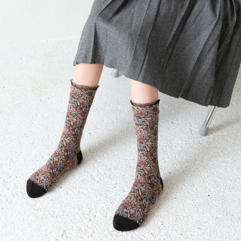 Xiangbao Vớ Ống Lửng Vừa In Hoa Phối Ren Bèo Nhiều Màu Sắc Phong Cách Harajuku Nhật Bản Ngọt Ngào Vintage