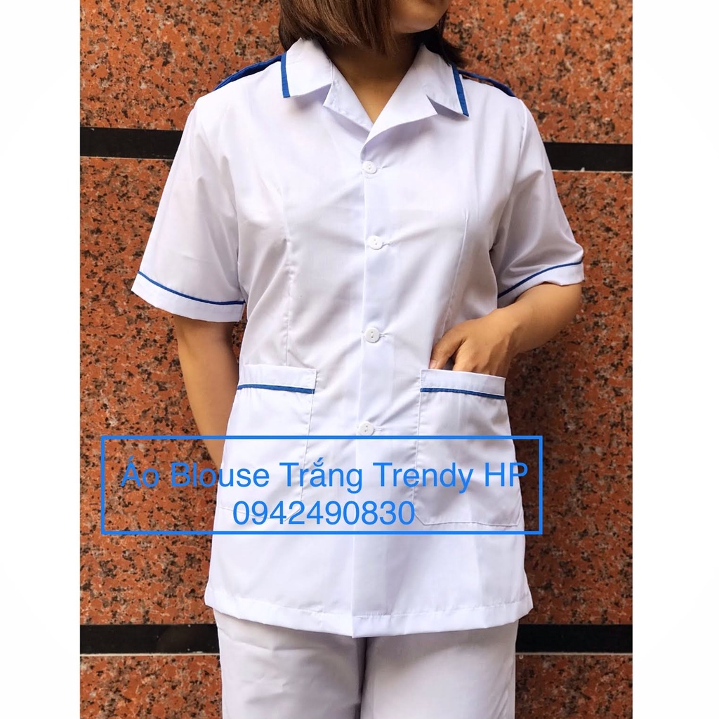 Bộ quần áo điều dưỡng nam nữ có viền xanh cho thực tập sinh - áo điều dưỡng, y tá có cầu vai xanh