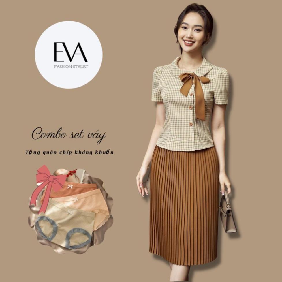 Set Váy Công Sở Xếp Ly Áo Cổ Đức Cài Nơ , Thiết Kế Tôn Dáng Váy Xếp Ly Sang Xịn Mịn, Set áo công sở AU "
