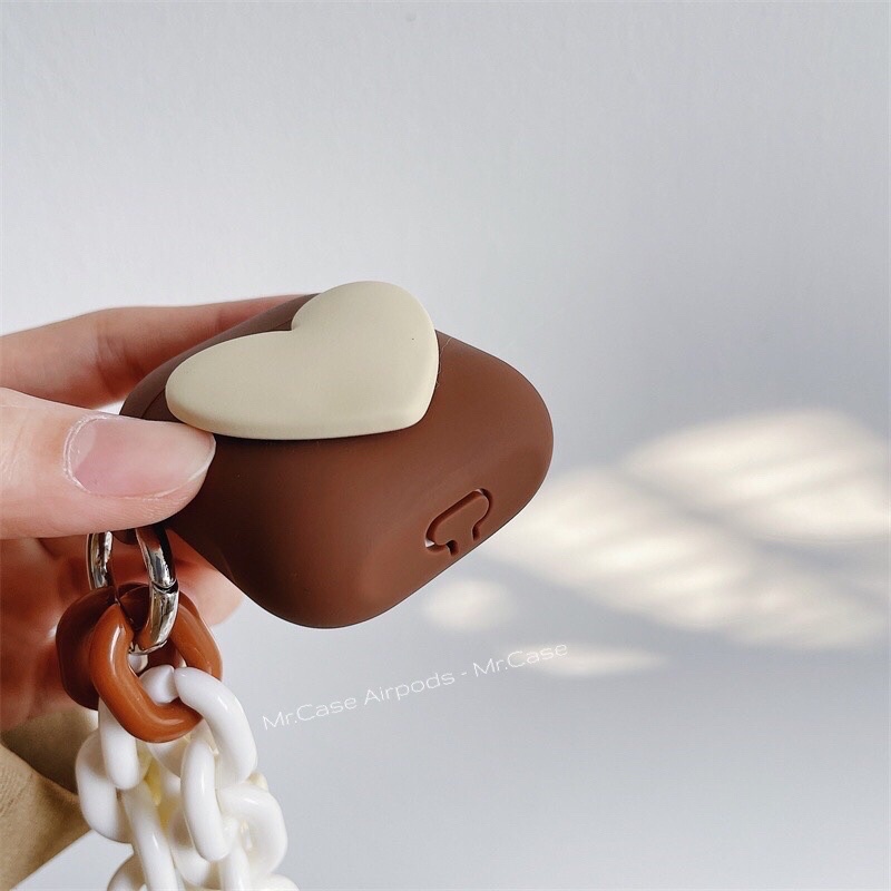 Case Airpods 1/2 /Pro Vỏ Ốp Tai rNghe Hình Tim Nâu Kèm Móc Khoá gấu Xinh - Mr.Case AirPods
