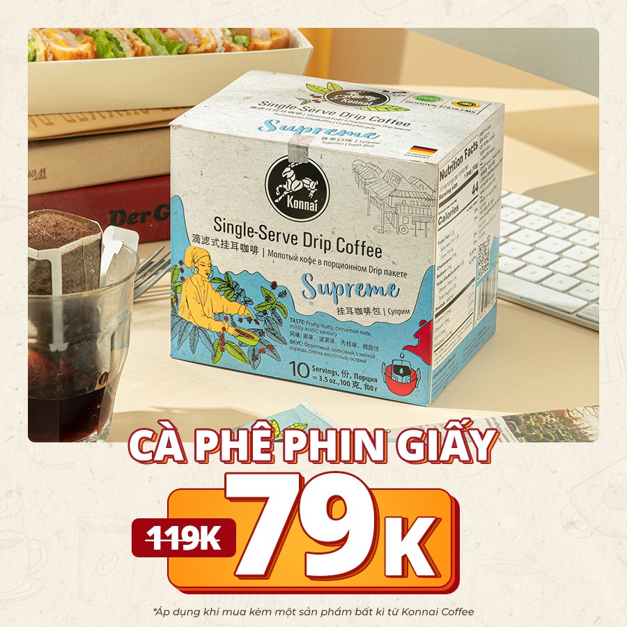 Cà phê phin giấy nguyên chất Supreme Coffee pha chế tiện lợi 100% Arabica Konnai Coffee phù hợp đi làm, đi học, đi du lị