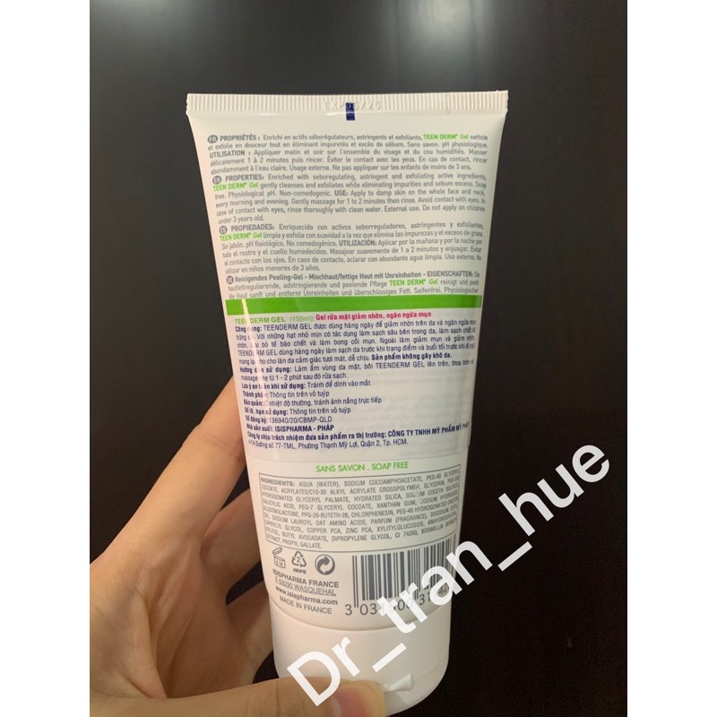 TEEN DERM GEL ISIS PHARMA - Gel rửa mặt giảm nhờn, ngừa mụn date 2027