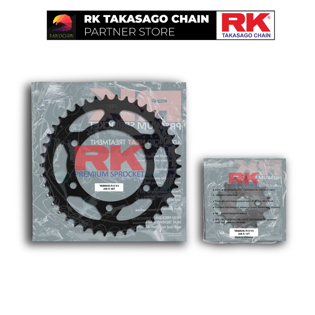 Nhông Dĩa RK Takasago cho xe máy Yamaha Vixion R155, chất liệu: Thép mạ màu đen, độ dày Nhông Dĩa: 428