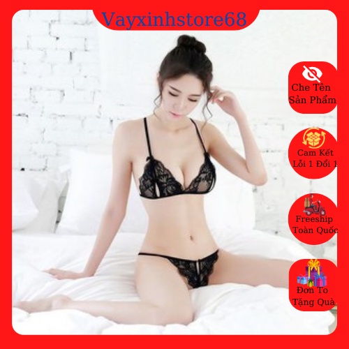 Bộ đồ lót 2 mảnh ren xuyên thấu lọt khe xẻ đáy Siêu Sexy