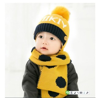 Mũ/nón len chữ micky lót lông kèm khăn choàng dài cho bé từ 1-4 tuổi