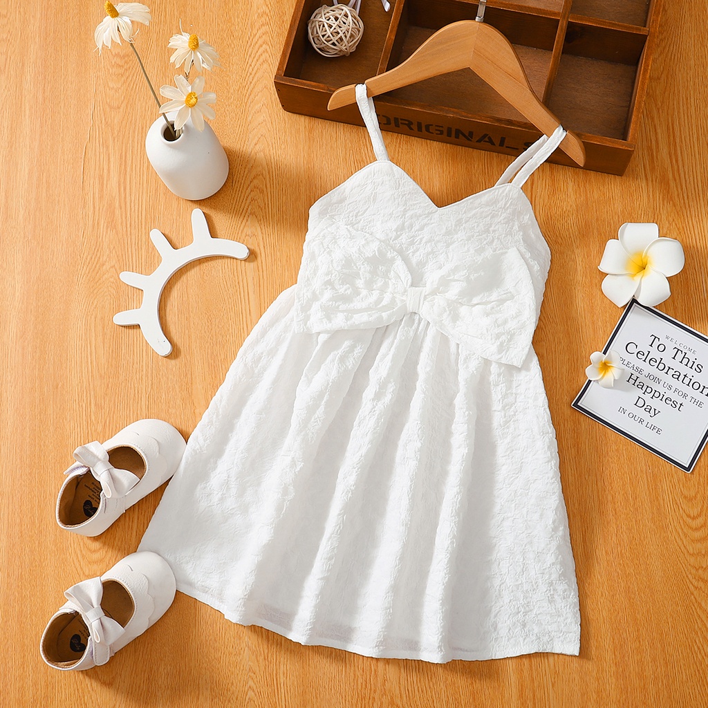 Đầm công chúa hai dây MIKRDOO thắt nơ màu trắng dễ thương thời trang mùa hè cho bé gái 