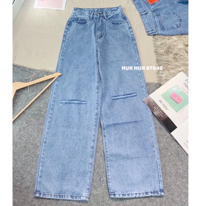 Quần jean suông nữ trơn rách gối lưng cao munmunstore quần obf cao cấp - mềm mại - tôn dáng