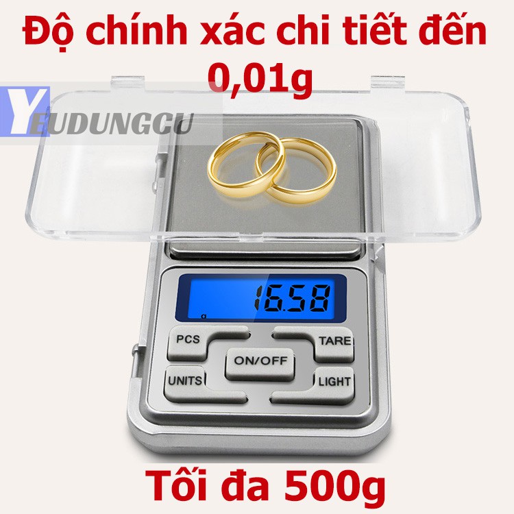 Cân điện tử mini cầm tay 500g. Đo chi tiết đến 0.01g. Cân điện tử tiểu ly bỏ túi cân vàng bạc, trang sức..