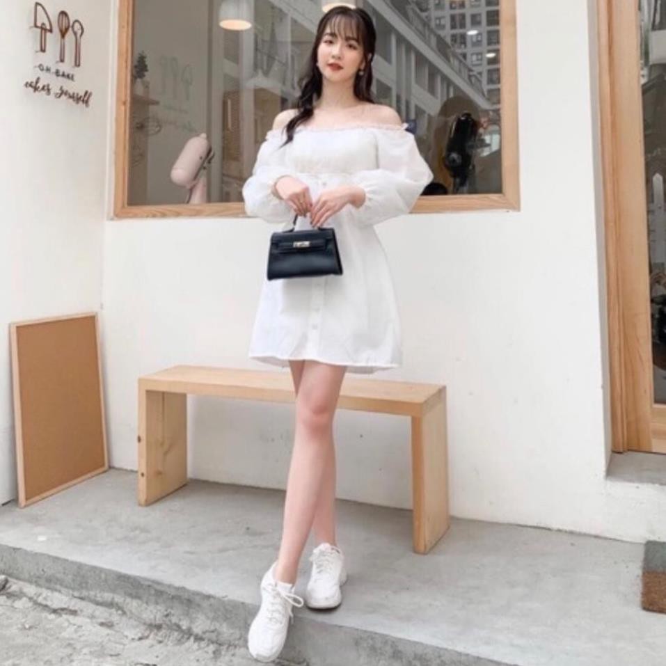 Đầm dự tiệc trễ vai nút bọc phối xốp | BigBuy360 - bigbuy360.vn