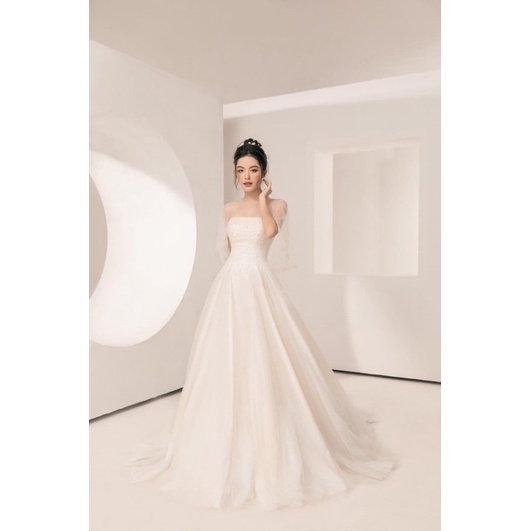 Đầm maxi mặc cưới cúp ngực phối áo choàng cườm ngọc rời TRIPBLE T DRESS - size M/L - MS195Y