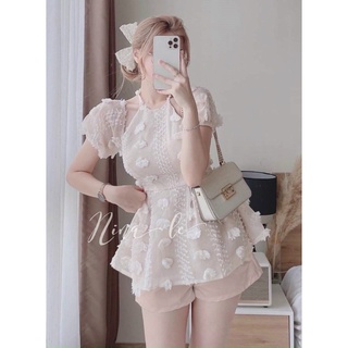 Set cổ yếm hoa nổi tay bồng hai lớp trắng xinh tiểu thư - sét áo cổ yếm babydoll dáng xoè kèm quần short hoa nổinhư hình