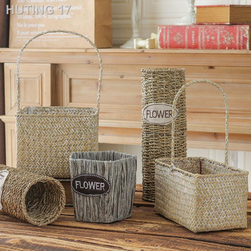 TINGBắc Âu giỏ hoa cầm tay đan bằng rơm trong nhà phòng khách cây đàn piano lá đa chậu trang trí mây