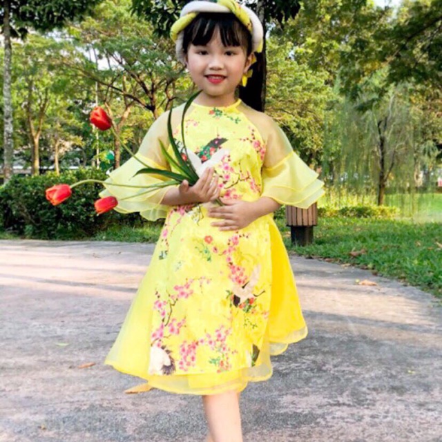 Set áo dài bé gái chất voan kiếng size 12-14kg