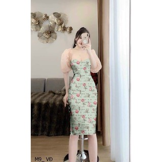 Đầm body hoa dáng dài phối tay voan kiếng mặc 2 kiểu