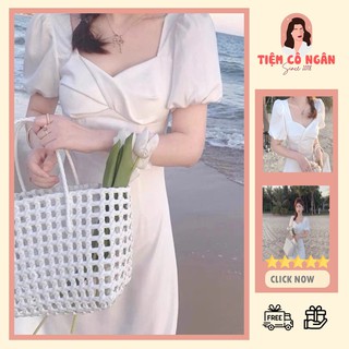 Đầm, váy trắng cổ vuông đi biển cách điệu dáng dài suông điệu đà