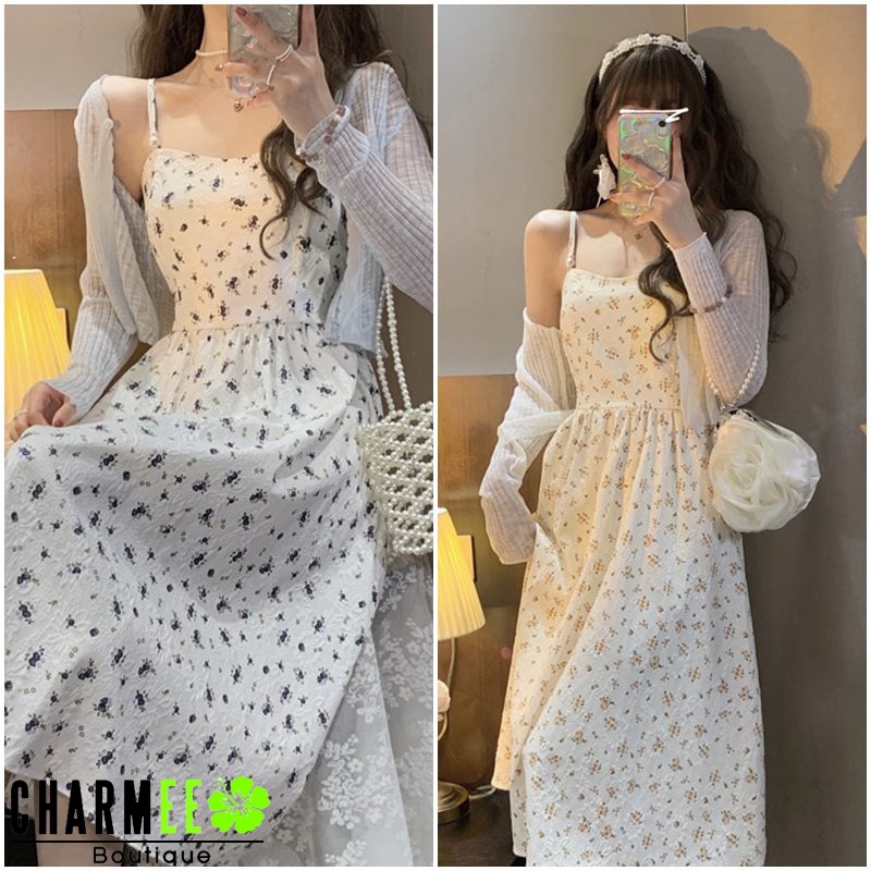 (HÀNG QC SẴN) Set Đầm 2 Dây Hoa Nhí Dập Nổi + Áo Cardigan Dệt