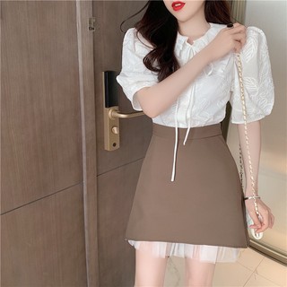 SET ÁO CỔ NHỌN CHÂN VÁY NÂU PHỐI REN