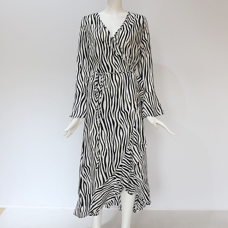 Xiangbao Đầm Midi Chiffon Tay Loe Dài Kẻ Sọc Ngựa Vằn Dọc Cổ Điển Cho Nữ C