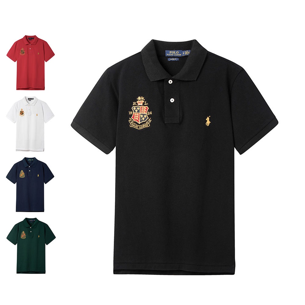 Áo Thun POLO Tay Ngắn Có Cổ Thêu Hình Ngựa Pony Màu Vàng Kim Phối Lưới Cotton