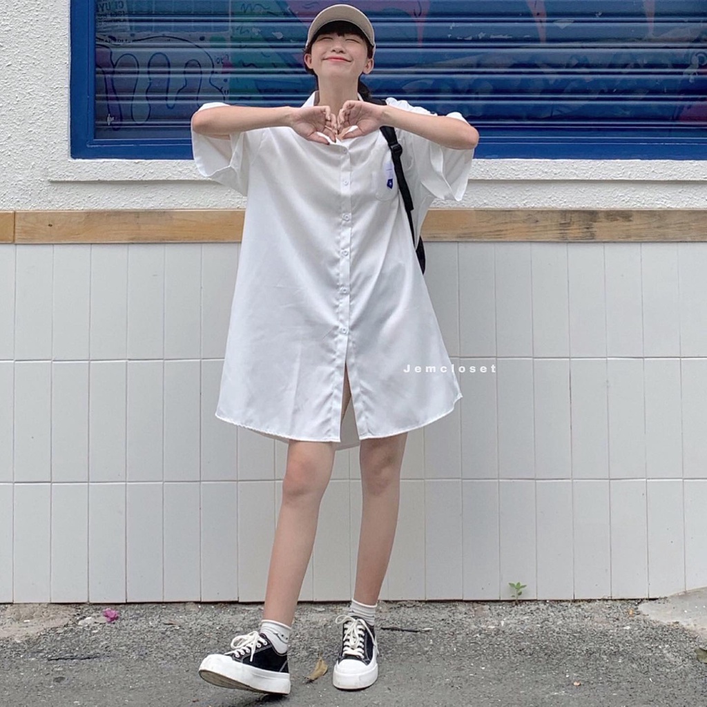 Váy Sơ Mi Suông Dáng Dài Cá Tính Đầm Sơ Mi Chất Liệu Cotton Dày Dặn Phong Cách Hàn Quốc 2 Màu Trắng Và Đen 3350