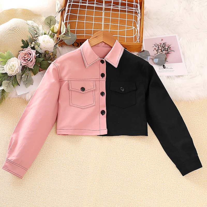 Áo khoác SIYYIS dáng ngắn tay dài cài nút phối màu đen/ hồng thời trang Hàn Quốc cho bé gái 8-12 tuổi