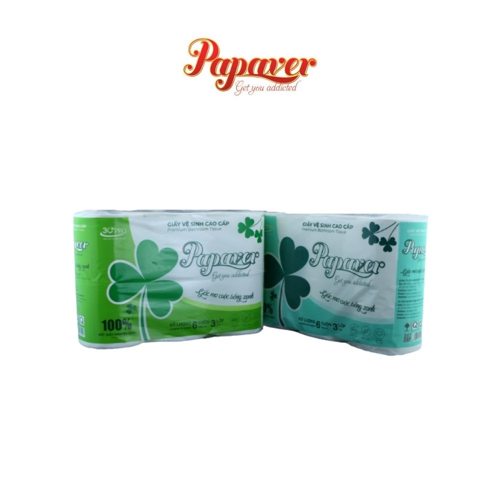 Giấy Vệ Sinh Cao Cấp Papaver, Combo 12 Lốc, 1 Lốc 6 Cuộn, 3 Lớp, Có Lõi/Không Lõi, 100% bột Giấy Nguyên Sinh