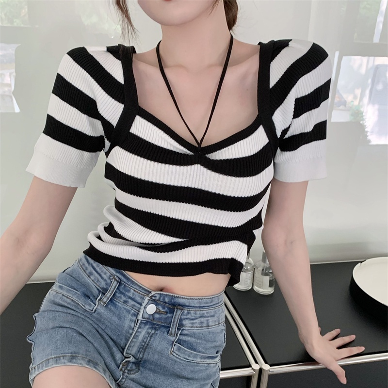 SUXI Áo Dệt Kim Cổ Vuông Họa Tiết Kẻ Sọc Màu Sắc Trơn Thời Trang Mùa Hè Cho Nữ