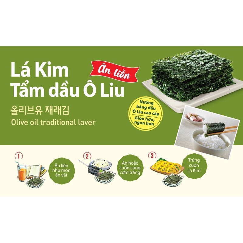 Rong biển ăn liền, rong biển cuộn cơm, lá kim tẩm dầu ô liu Hàn quốc hiệu o food , lốc 3 gói