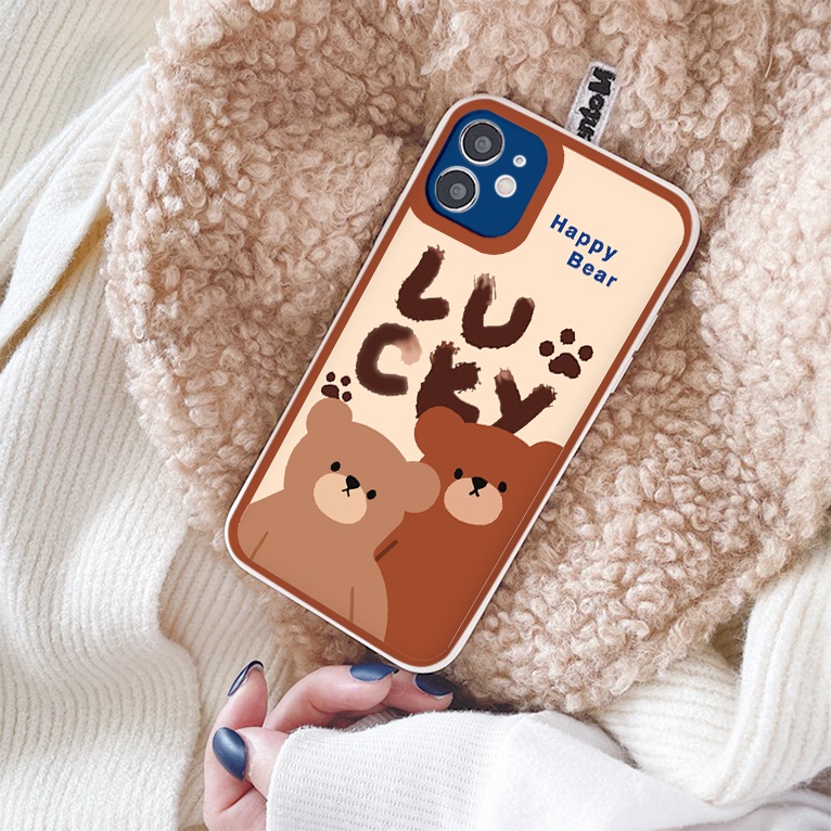 Ốp iphone - Ốp lưng iphone cạnh vuông viền camera bear happy dành cho ip 6 đến 14promax - g69