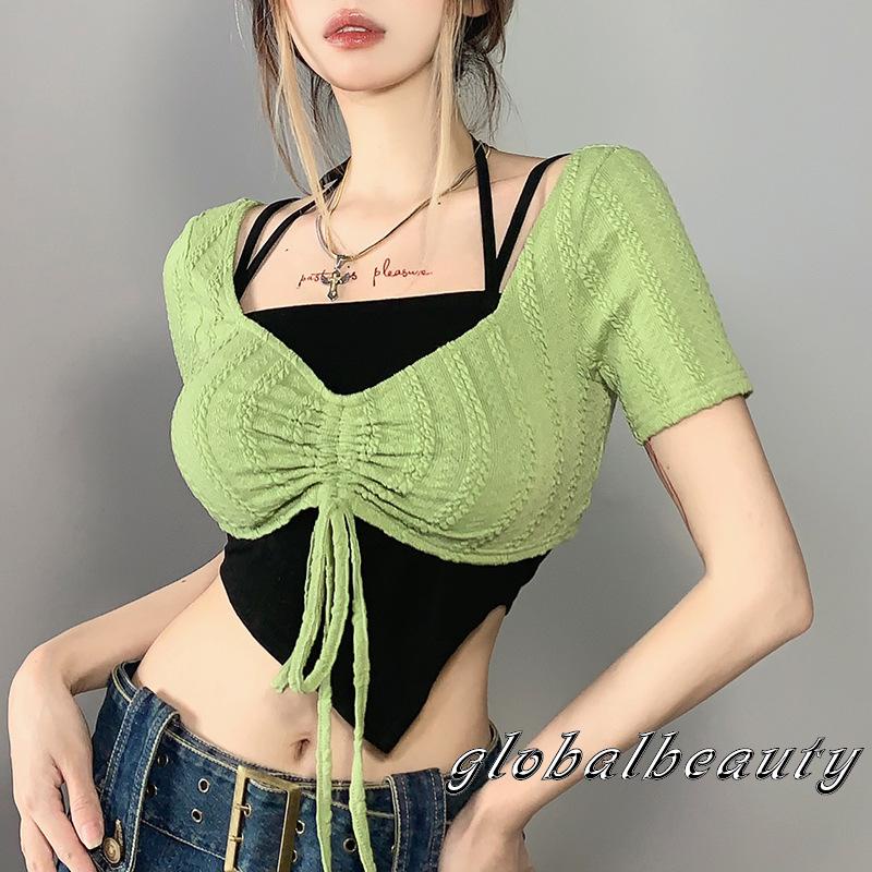Áo Croptop Hai Dây Và Áo Sơ Mi Tay Ngắn Màu Xanh Lá Phối Dây Rút Thời Trang Dành Cho Nữ