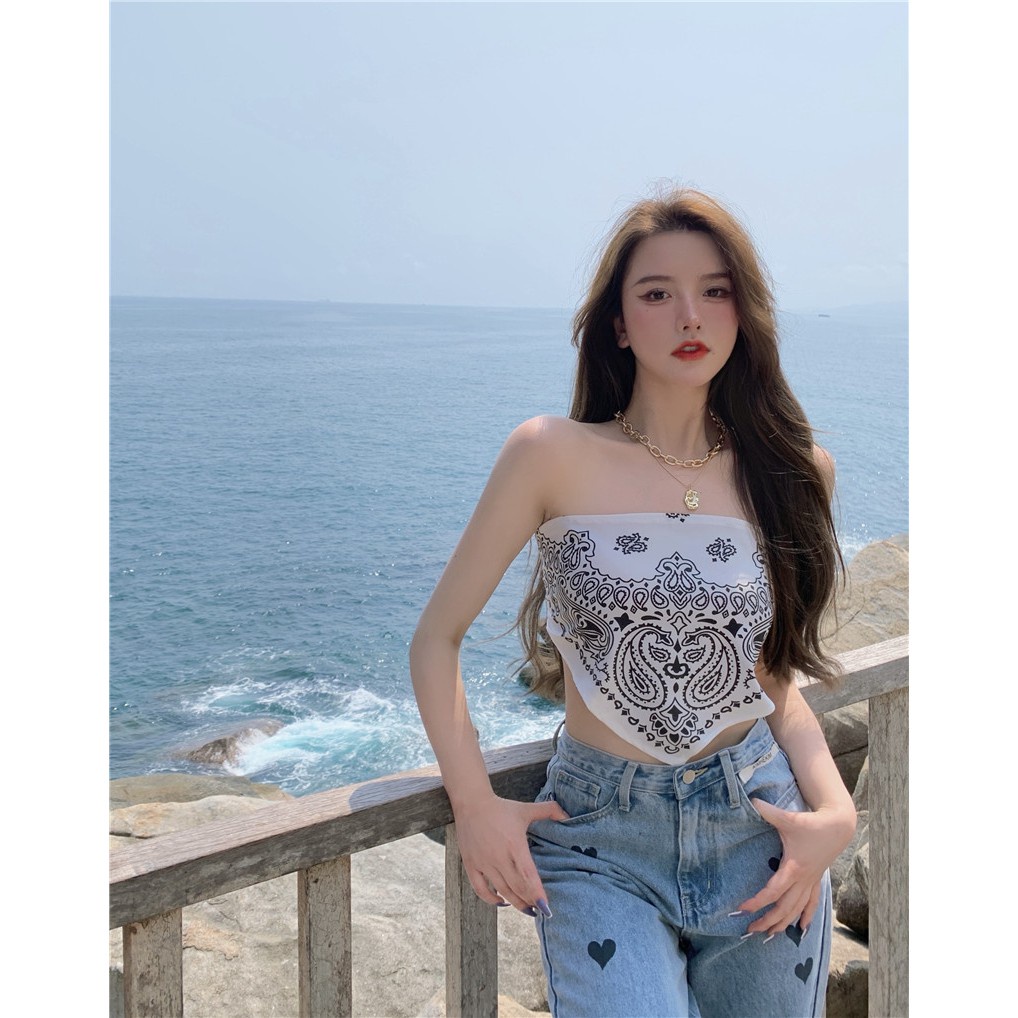 Áo yếm nữ thổ cẩm dáng quây croptop mùa hè siêu mát MÀU TRẮNG MANZAKIA | BigBuy360 - bigbuy360.vn