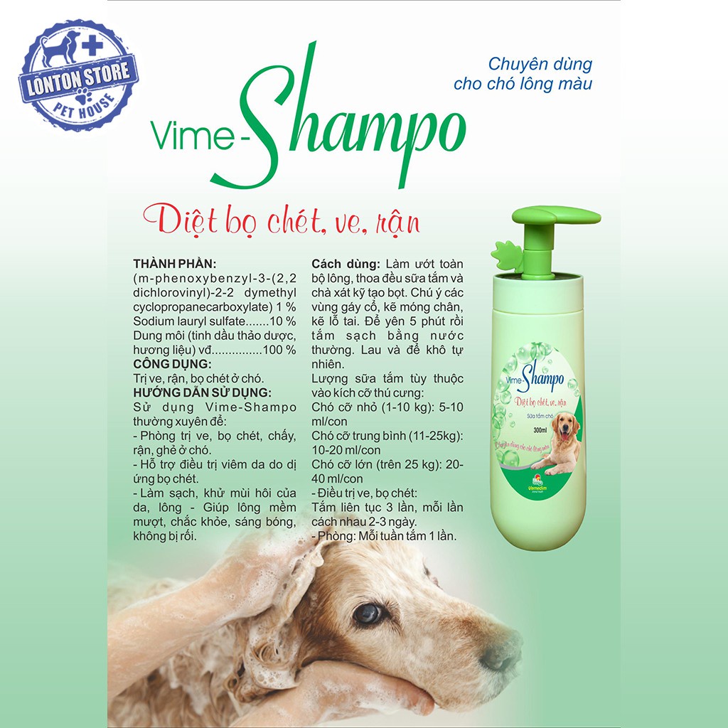 VEMEDIM Vime Shampo Sữa Tắm Phòng Ve Chó, bọ Chét Cho Chó Mèo LÔNG MÀU  300ml - Lonton Store &amp; Vemedim