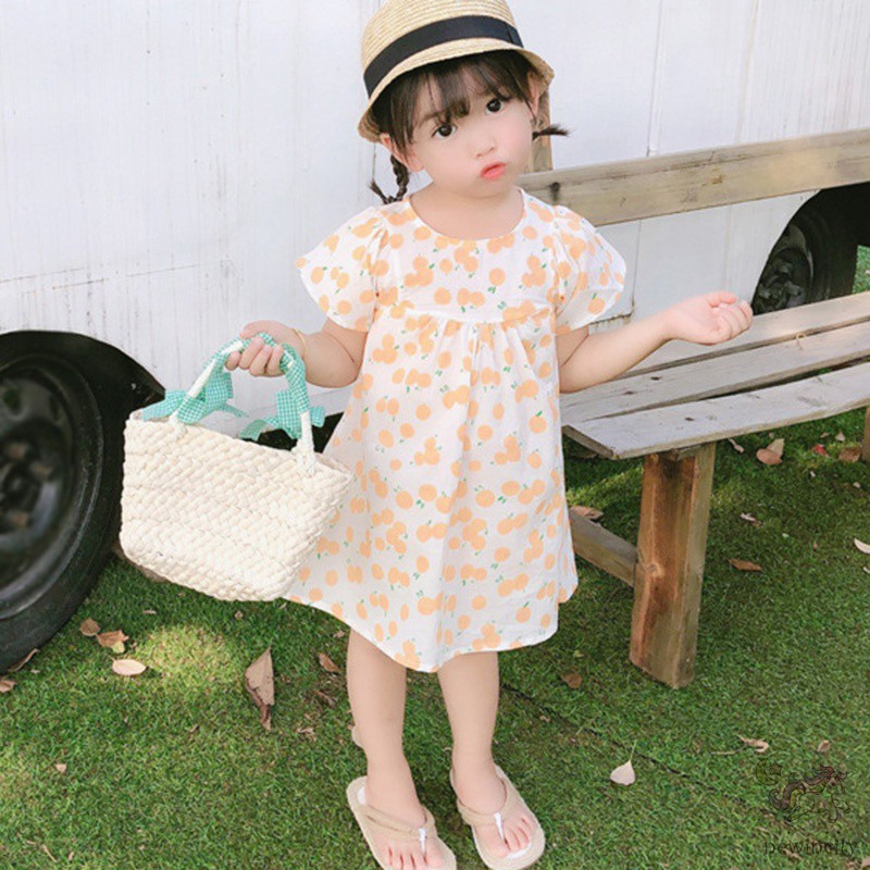 Đầm Tay Ngắn In Hình Quả Cam Dễ Thương Cho Bé Gái