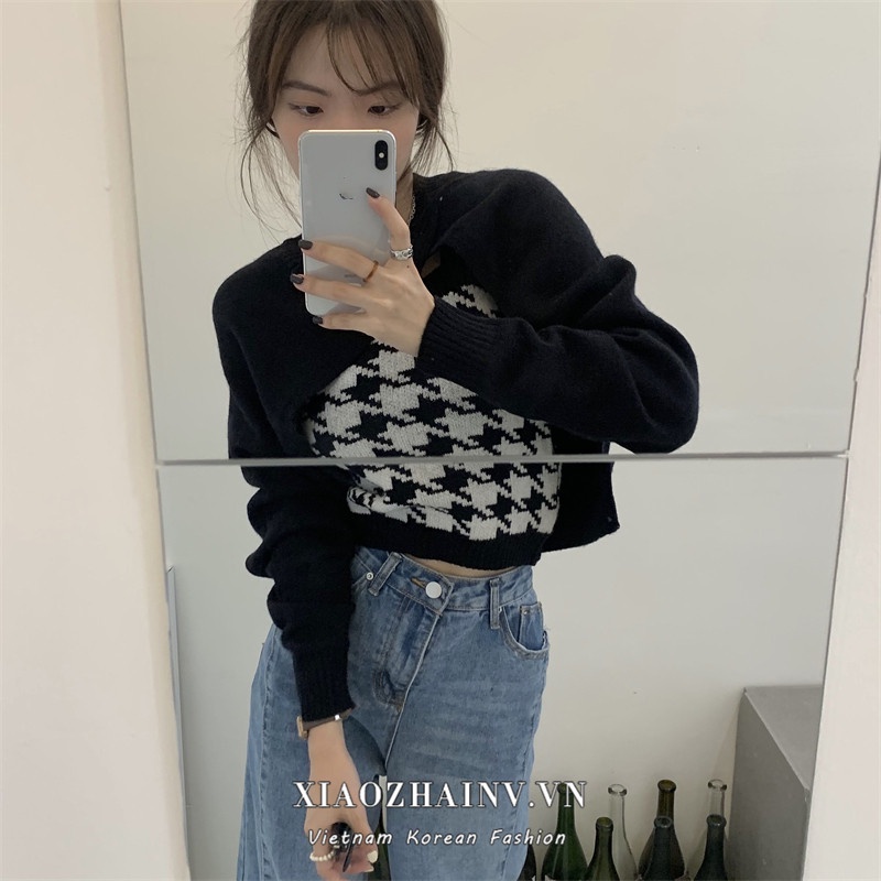 Xiaozhainv  Áo len hai dây họa tiết sọc caro phong cách retro Hàn Quốc cho nữ