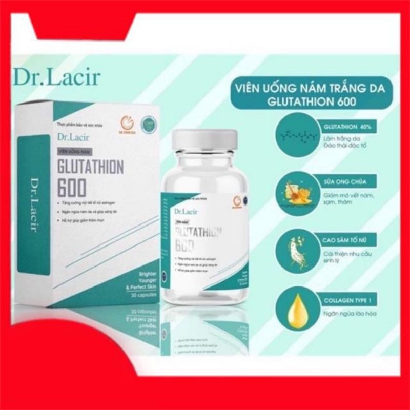 Viên uống trắng da ngừa nám GLUTATHIONE 600 DR LACIR,glutathione đẹp da tăng nội tiết tố nữ hộp 30 viên | BigBuy360 - bigbuy360.vn