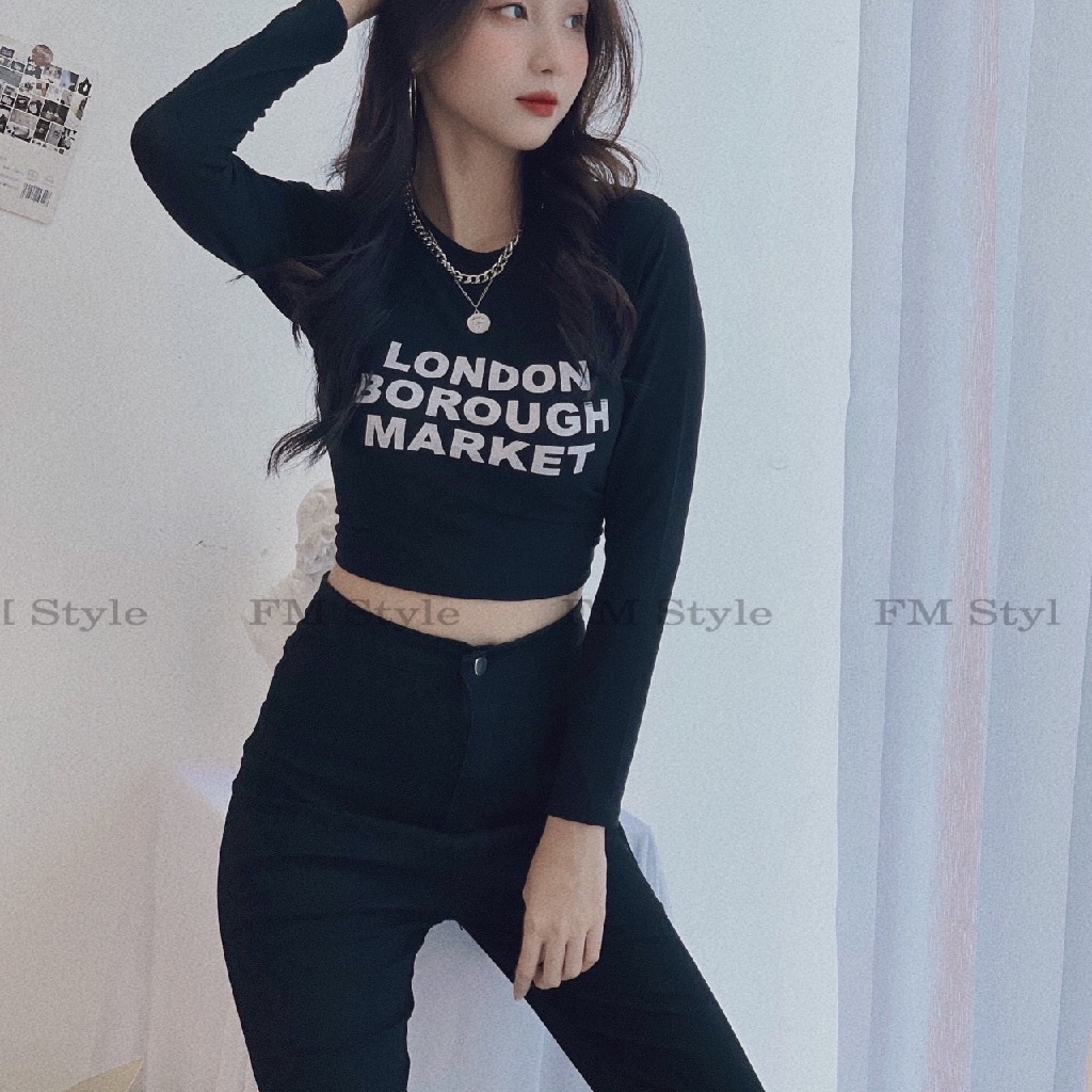 Áo thun nữ tay dài FM Style dáng croptop ôm tôn vòng 1 khoe vòng 2 hoa tiết in chữ thời trang thu đông