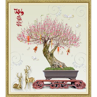 Tranh dán tường 3D VTC Chậu hoa đào chữ Thịnh trang trí tết DAO-001 KT 50 x 60 cm ppks