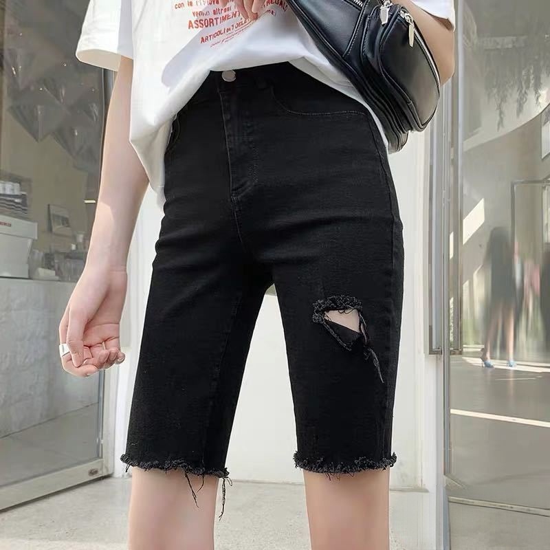 AMOI Quần Short Denim Màu Đen Lưng Cao Dáng Suông Rách Cá Tính Có Size Lớn Phong Cách Hàn Quốc Cho Nữ