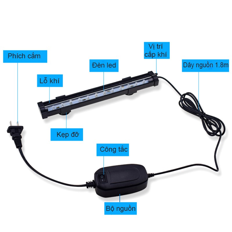 Bộ đèn LED đổi màu bể cá 15-25-35-45cm tùy chọn có đầu sủi bọt khí kèm máy tạo khí oxy cho bể cá