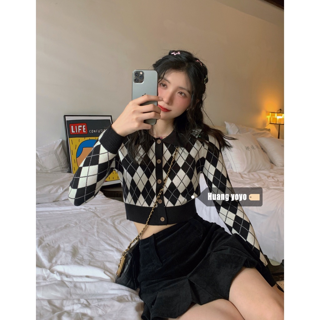 HUANG YOYO Áo khoác len dài tay kiểu Hàn Quốc retro họa tiết ca rô thời trang cho nữ