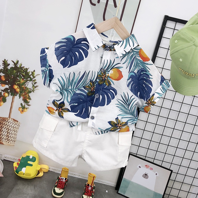 Set Áo Sơ Mi Tay Ngắn Và Quần Short Họa Tiết Hoa Thời Trang Đi Biển Cho Bé Trai