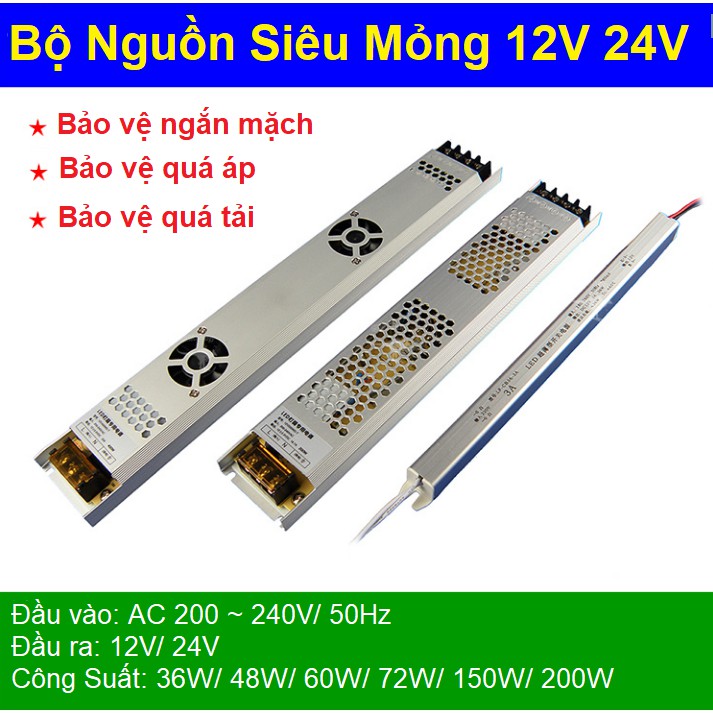 Bộ Nguồn Dài Siêu Mỏng 12V/ 24V 36W-200W Cho Led, Camera