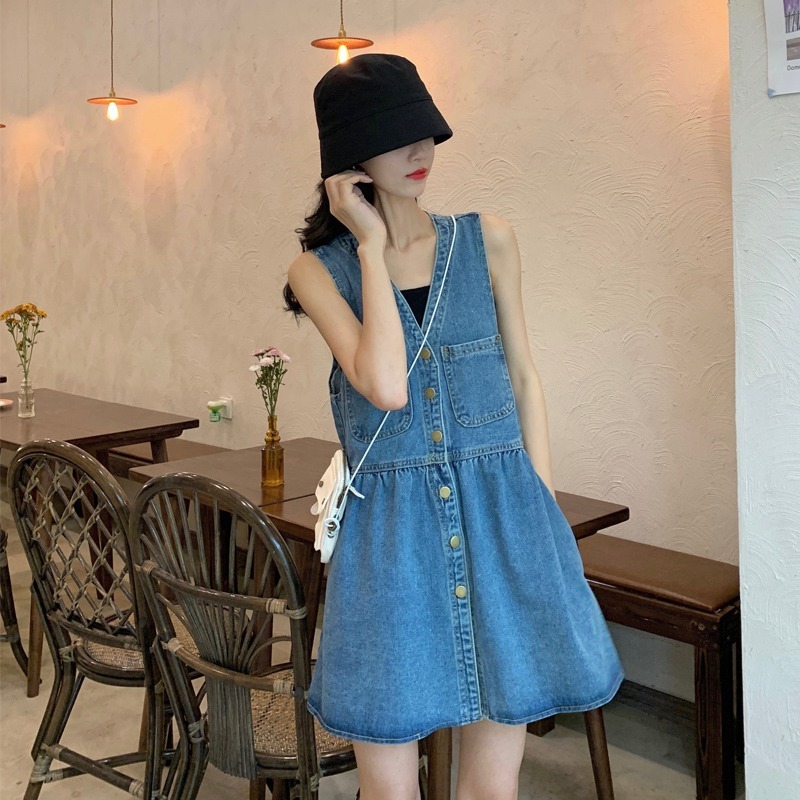 Đầm denim sát nách cổ chữ V dáng rộng thời trang mùa hè cho nữ