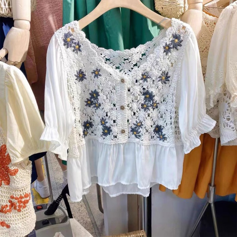 Brroa Áo Kiểu Chiffon Tay Lỡ Cổ Chữ V Phối Ren Thêu Hoa Cúc Thời Trang Cho Nữ