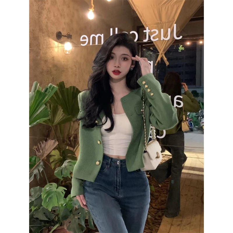 Áo Khoác Ngắn Màu Xanh Lá Phong Cách Hàn Quốc Thời Trang Mới Cho Nữ