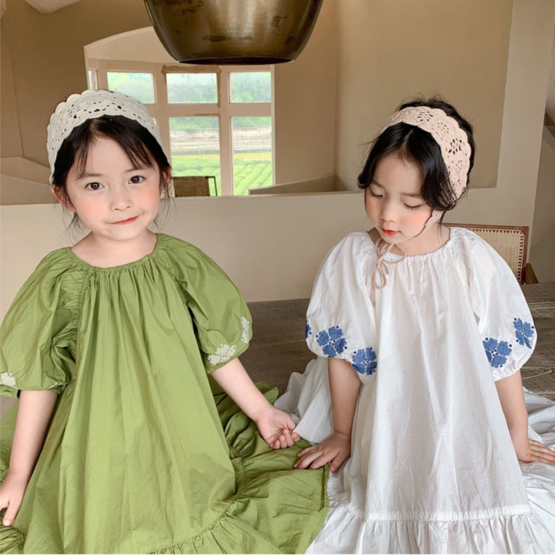 Đầm công chúa tay phồng thêu họa tiết dễ thương thời trang mùa hè tùy chọn màu sắc cho bé gái