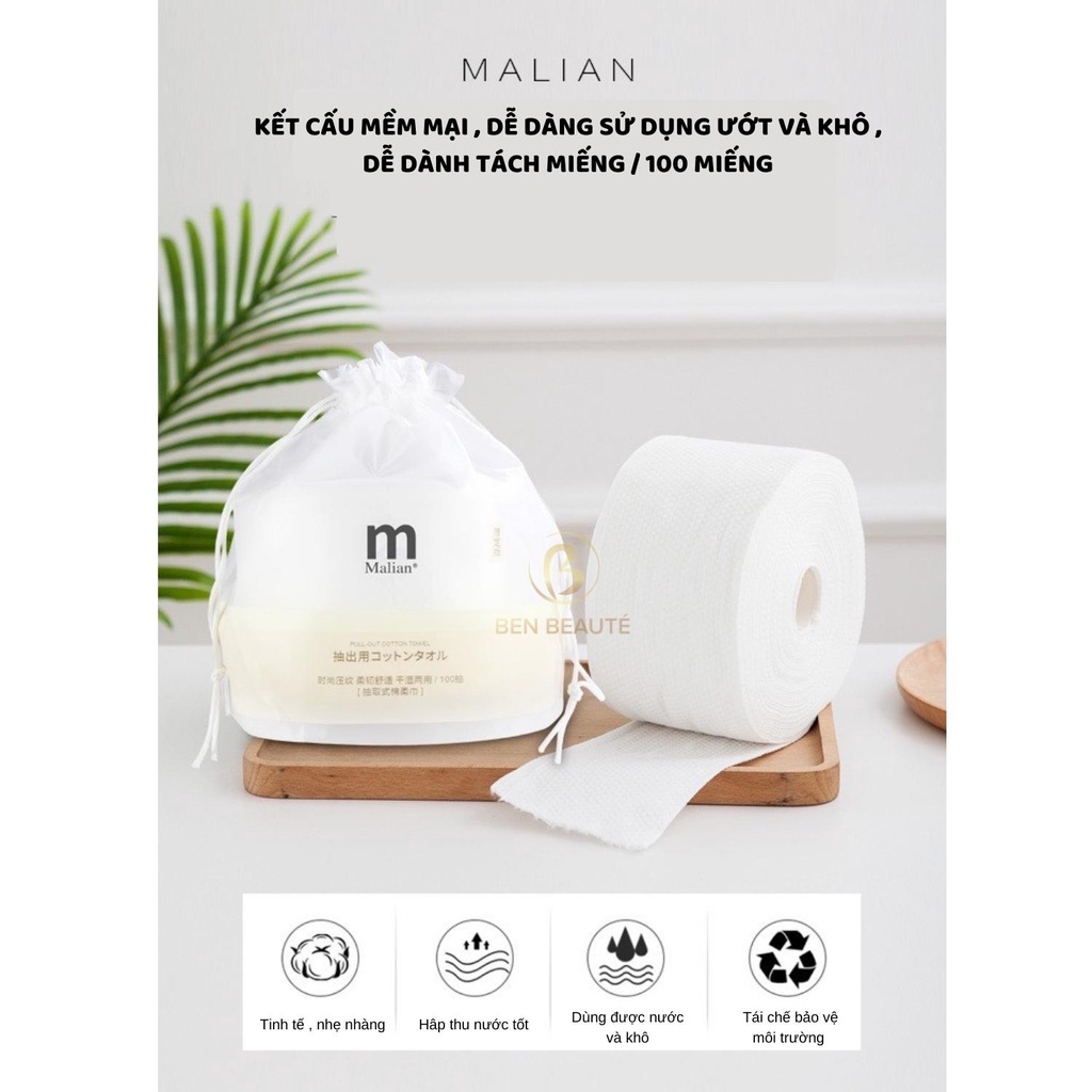Khăn Tẩy Trang Cotton Mềm Mại Đa Năng Malian [100 Khăn/Cuộn]