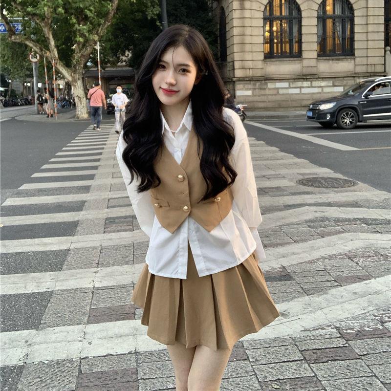 Bộ Trang Phục Hai Mảnh Gồm Áo Khoác Vest Và Chân Váy Xếp Ly Lưng Cao Phong Cách Retro Mùa Xuân Dành Cho Nữ 48 Giờ 2022