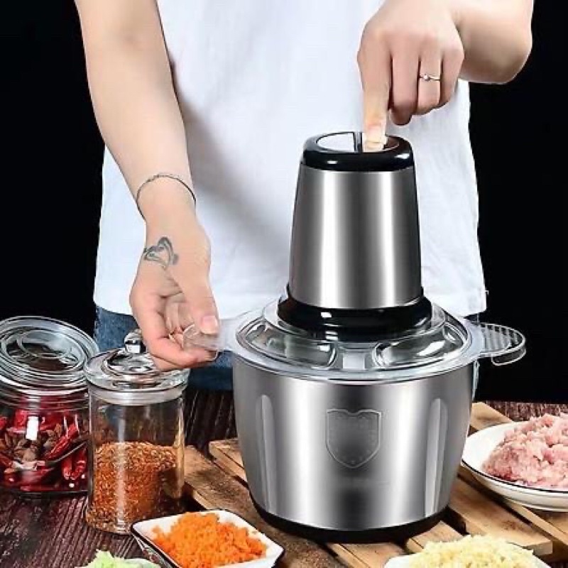 Máy say thịt-máy xay thịt cầm tay đa năng gia đình cối Inox 4 lưỡi đa năng