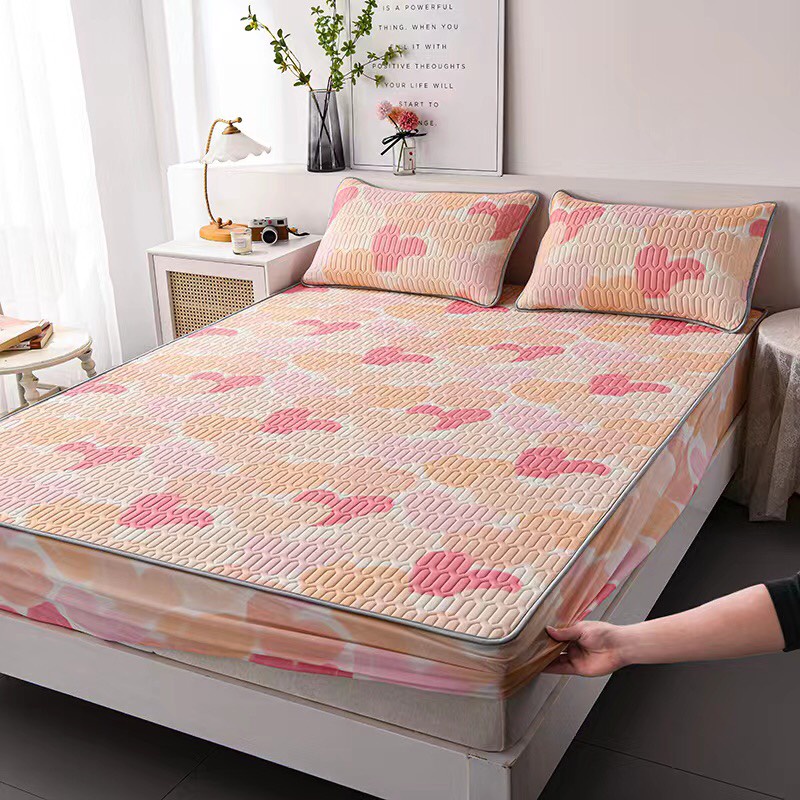 Chiếu điều hòa cao su non, chiếu cao su non bo chun bọc đệm tặng kèm 2 vỏ gối cùng mầu loại 1
